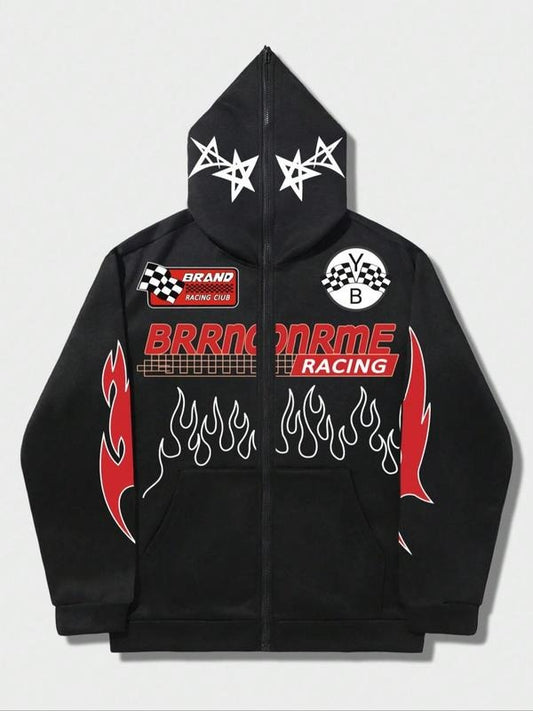 Men's Fire & Letter Print Pocket Zip Up Hoodie, Regular Fit Casual  Long Sleeve Hooded Sweatshirt for Daily Holiday Outdoor Wear, Men Clothes for Fall & Winter