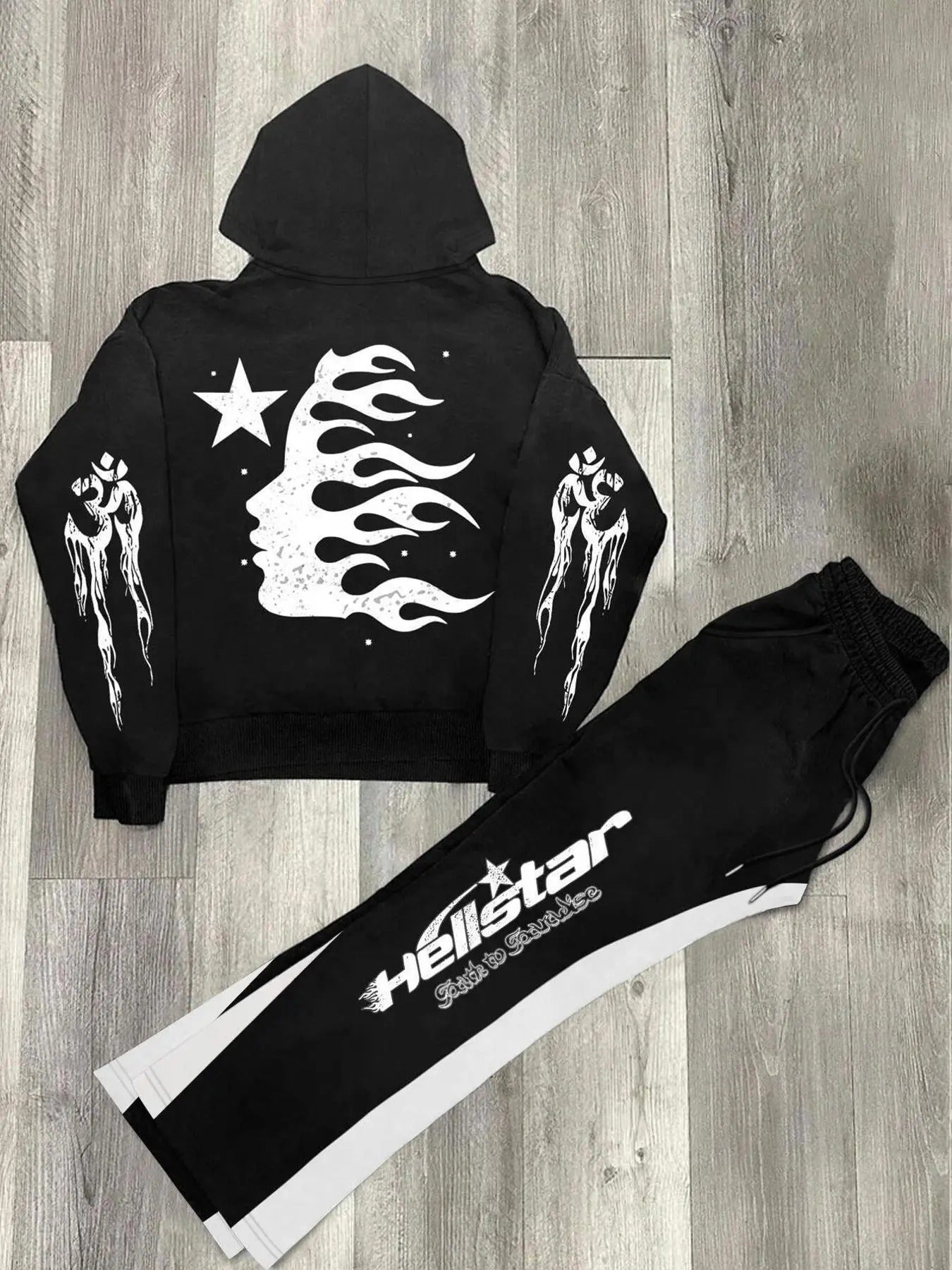 Men's Fire Print  Hoodie & Letter Print Pants Two-piece Set, Regular Fit Casual Long Sleeve Hooded Sweatshirt & Trousers for Spring & Fall, Men's Two-piece Outfits for Daily Wear