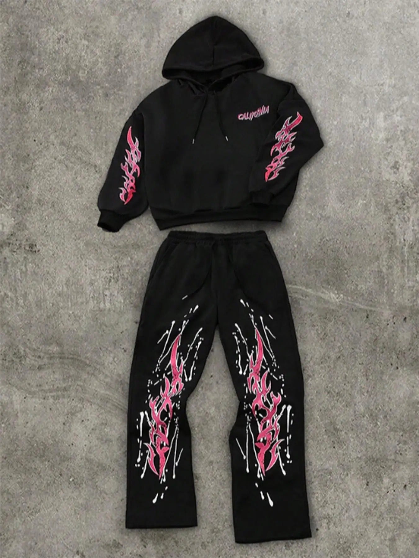 Men's Fire Print Drop Shoulder Hoodie & Drawstring Waist Sweatpants Two-piece Set, Regular Fit Fashion Casual Cozy Breathable Two Piece Outfits for Daily Outdoor Wear, Men Clothes for Fall & Winter