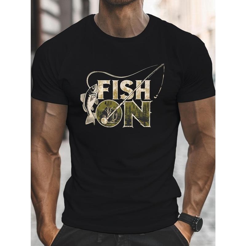 Men's Fishing Illustration Fish On Print T-shirt, Casual Short Sleeve Slight Stretch Crew Neck Tees For Summer Made in USA