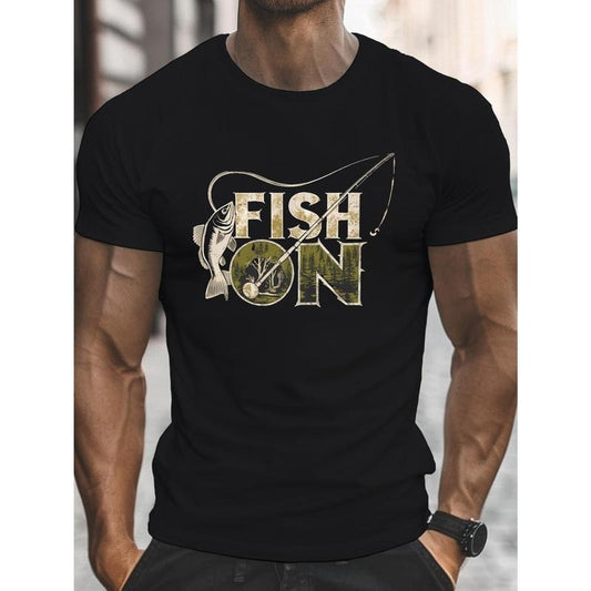 Men's Fishing Illustration Fish On Print T-shirt, Casual Short Sleeve Slight Stretch Crew Neck Tees For Summer Made in USA