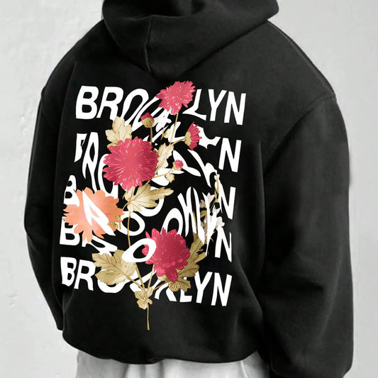 Men's Floral & Letter Print Drop Shoulder Hoodie, Fashion Casual Regular Fit Drawstring Pocket Hooded Sweatshirt for Daily Holiday Outdoor Wear, Men Clothes for Fall & Winter