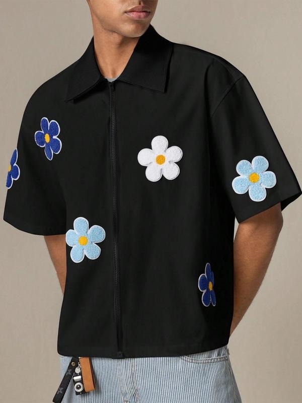 Men's Floral Embroidery Short Sleeve Shirt, Regular Fit Casual Fashion Comfy Top for Daily Outdoor Wear, Men Clothes for Summer, Casual Trendy Shirt