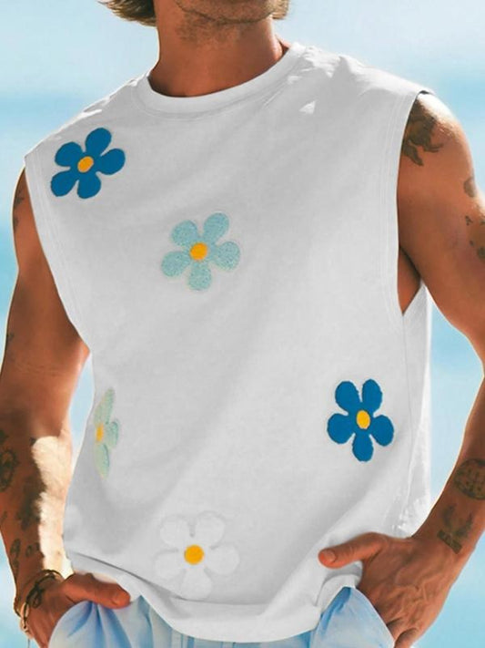 Men's Floral Print Round Neck Tank Top, Regular Fit Casual Fashion Sleeveless Top for Outdoor Beach Vacation, Men's...