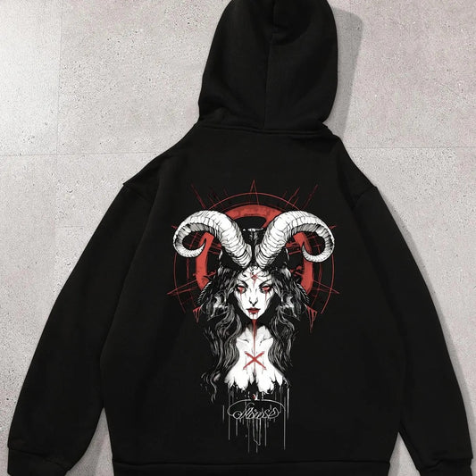 Men's Goat Head & Letter Print Drop Shoulder Hoodie, Fashion Casual Regular Fit Drawstring Pocket Zipper Hooded Sweatshirt for Daily Holiday Outdoor Wear, Men Clothes for Fall & Winter