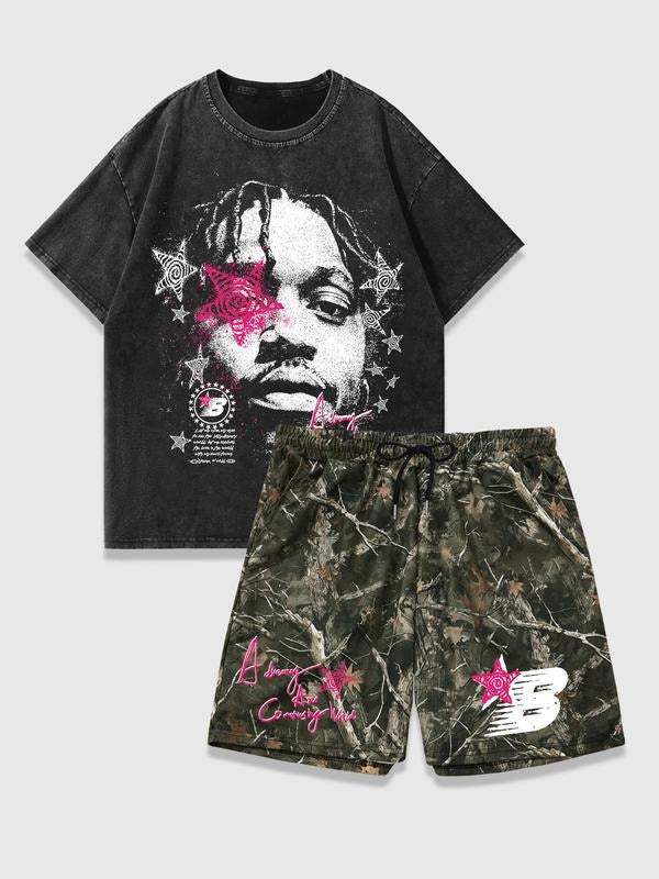 Men's Graphic Tee & Star Print Shorts Set, Regular Fit Casual Drop Shoulder Short Sleeve T-shirt & Track Shorts, Men's Summer Clothes, Cotton