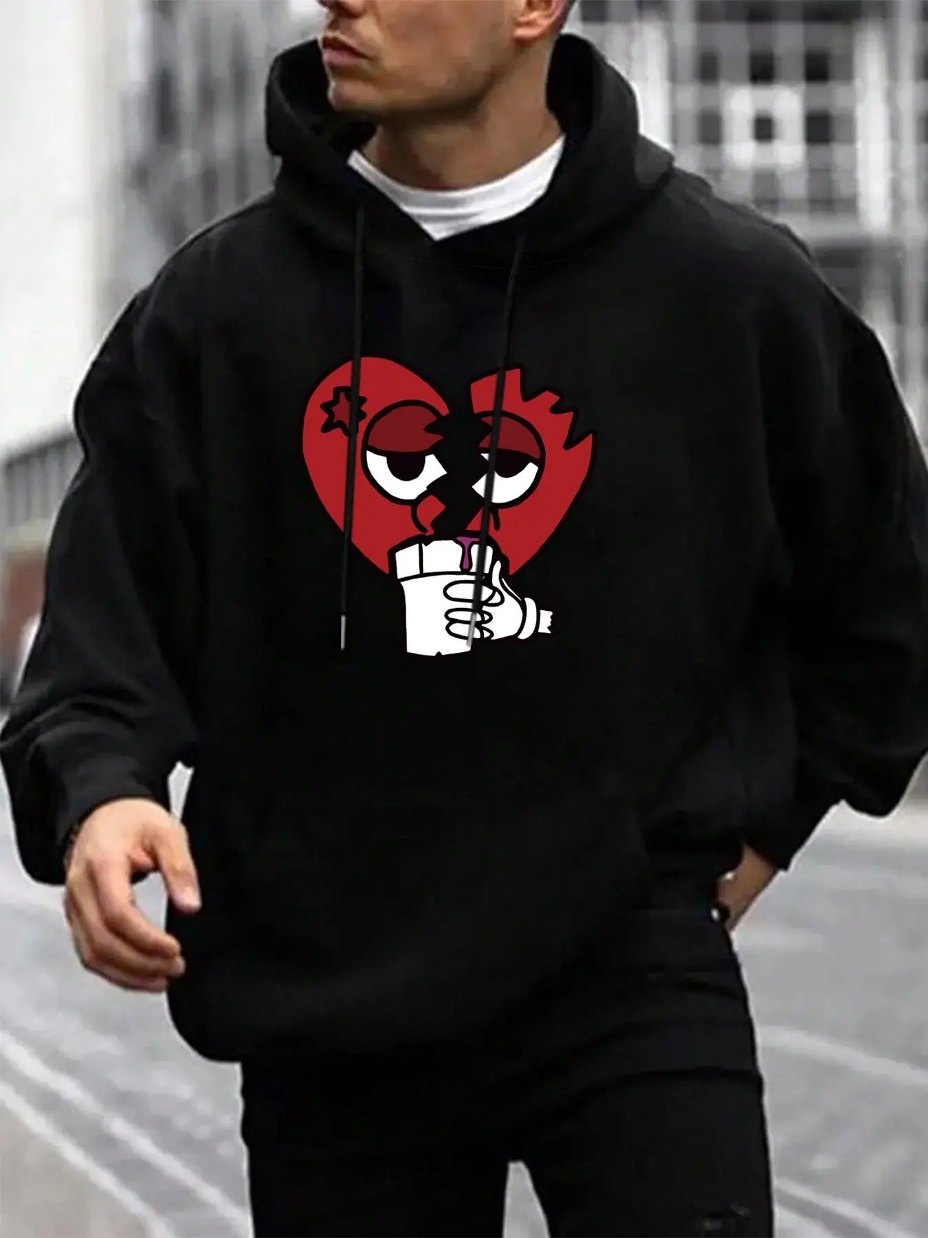 Men's Heart Print Drop Shoulder Hoodie, Fashion Casual Regular Fit Drawstring Pocket Hooded Sweatshirt for Daily Holiday Outdoor Wear, Men Clothes for Fall & Winter Valentine's Day, gift