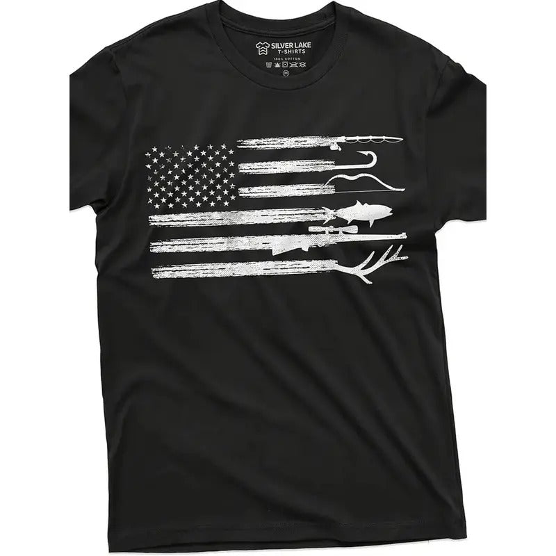 Men's Hunting and Fishing Shirt, American Flag, Natural Camouflage Shirt, Father's Gift, Creative Patriotic T-shirt Made in USA