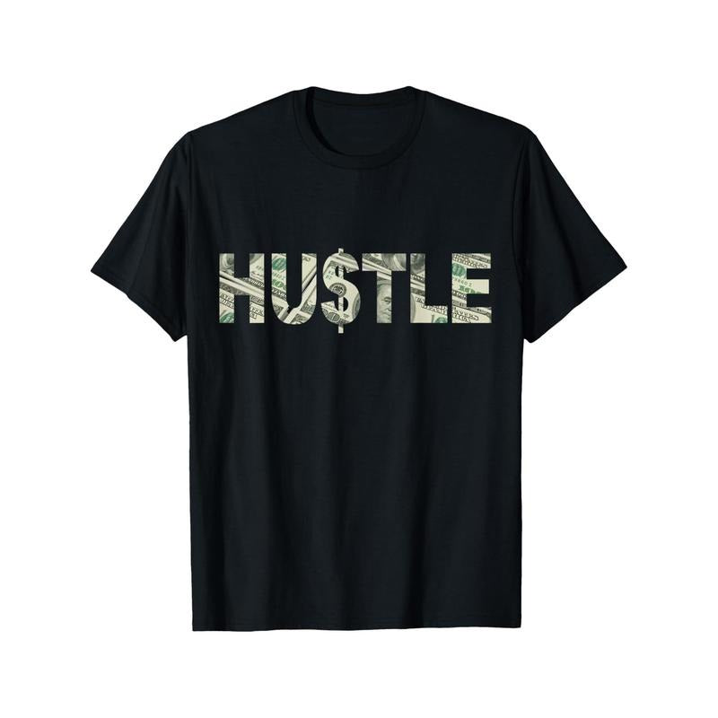 Men's Hustle Dollar Print T-Shirt - 100% Cotton, Crew Neck, Casual Fit with Slight Stretch, All-Season Comfort, Regular Fit, Cartoon Detail - Black made in usa