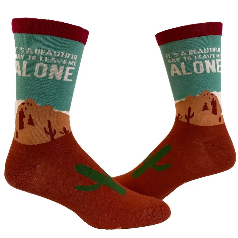 Men's It's A Beautiful Day to Leave Me Alone Socks Funny Desert Camping Graphic Footwear Funny Graphic Socks Comfortable...