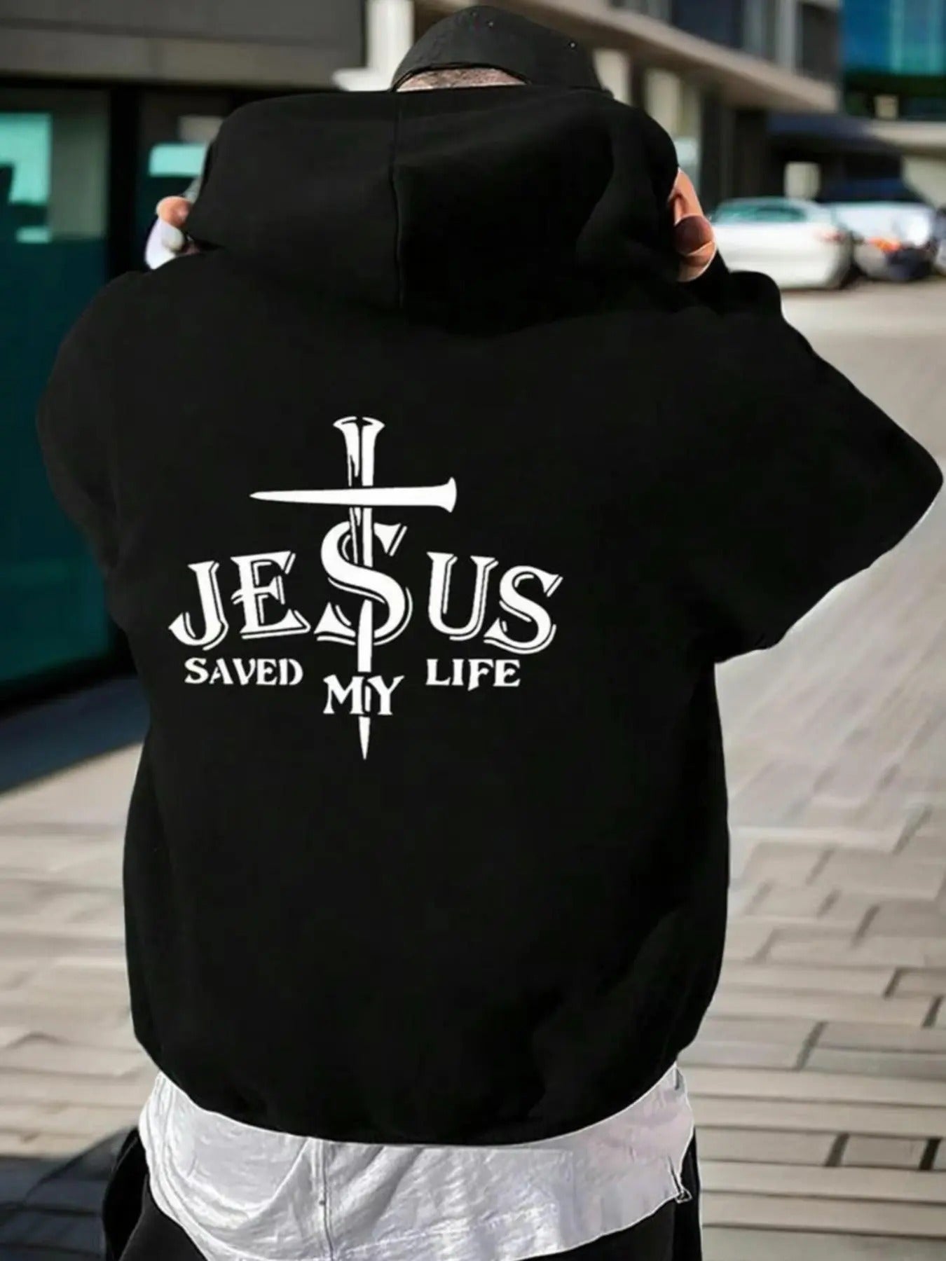 Men's Jesus Saved My Life Print Hoodie, Street Fashion Casual Regular Fit Hooded Sweatshirt for Daily Holiday Outdoor Wear, Men Clothes for Fall & Winter