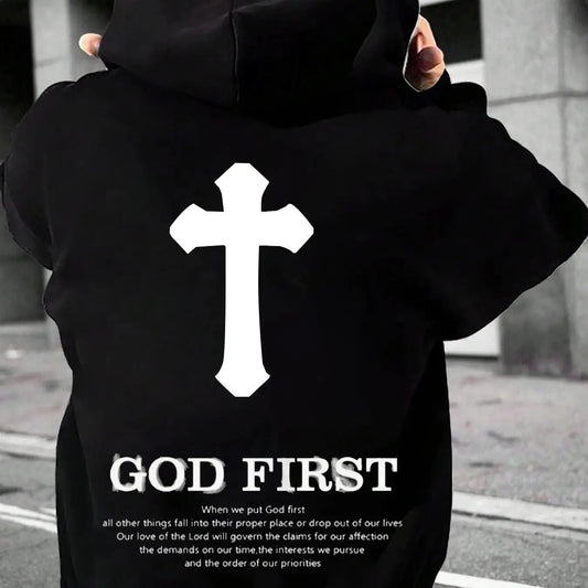 Men's Letter & Cross Print Drop Shoulder Hoodie, Fashion Casual Regular Fit Drawstring Kangaroo Pocket Hooded Sweatshirt for Daily Holiday Outdoor Wear, Men Clothes for Fall & Winter