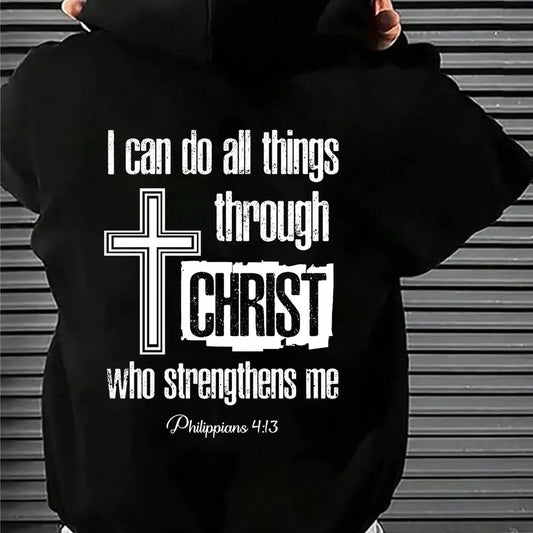 Men's Letter & Cross Print Drop Shoulder Thermal Lined Hoodie, Fashion Casual Regular Fit Drawstring Pocket Hooded Sweatshirt for Daily Holiday Outdoor Wear, Men Clothes for Fall & Winter