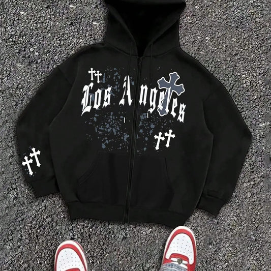 Men's Letter & Cross Print Drop Shoulder Zip Up Hoodie, Fashion Casual Regular Fit Drawstring Pocket Hooded Sweatshirt for Daily Holiday Outdoor Wear, Men Clothes for Fall & Winter