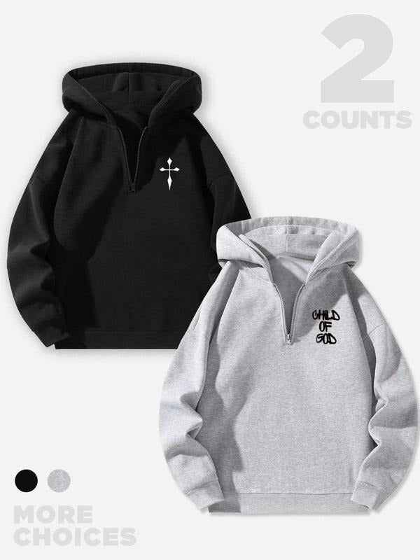 Men's Letter & Cross Print Zip Up Hoodie, Casual Regular Fit Long Sleeve Hooded Sweatshirt for Spring & Fall, Fashion Men's Clothes for Daily Wear