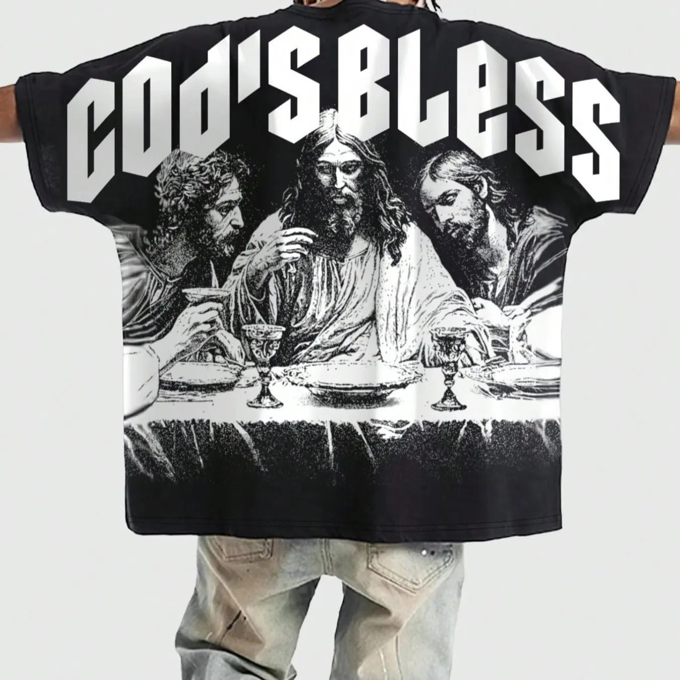 Men's Letter & Jesus Print Round Neck Tee, Regular Fit Vintage Street Fashion Casual Short Sleeve T-shirt for Daily Wear, Men's Summer Clothes