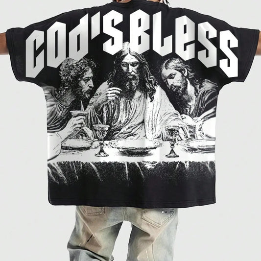 Men's Letter & Jesus Print Round Neck Tee, Regular Fit Vintage Street Fashion Casual Short Sleeve T-shirt for Daily Wear, Men's Summer Clothes