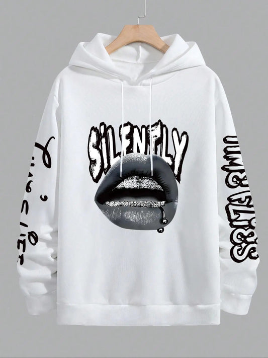 Men's Letter & Lip Print Drop Shoulder Hoodie, Fashion Casual Regular Fit Drawstring Hooded Sweatshirt for Daily Holiday Outdoor Wear, Men Clothes for Fall & Winter