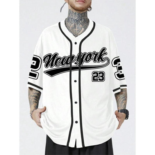 Men's Letter & Number Print Button Front V Neck Baseball Jersey, Casual Drop Shoulder Short Sleeve Top for Daily Wear,...