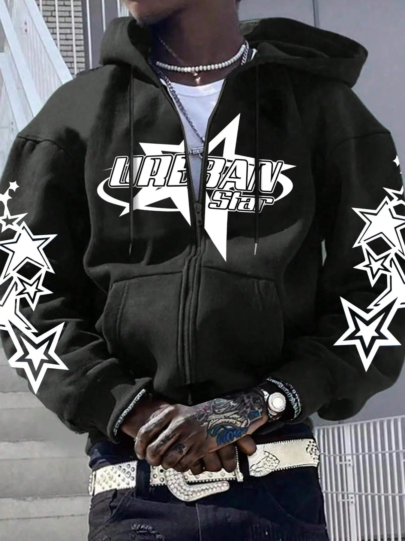 Men's Letter & Star Print Drop Shoulder Zip Up Hoodie, Fashion Casual Regular Fit Drawstring Pocket Hooded Sweatshirt for Daily Holiday Outdoor Wear, Men Clothes for Fall & Winter