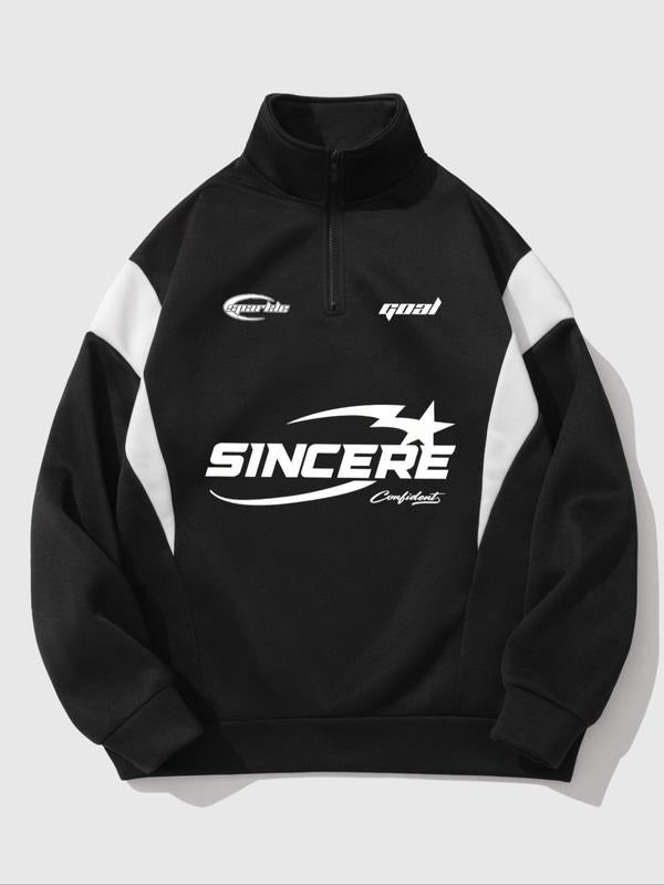 Men's Letter & Star Print Half Zip Up Hoodie, Casual Regular Fit Long Sleeve Hooded Sweatshirt for Fall & Winter, Men's...