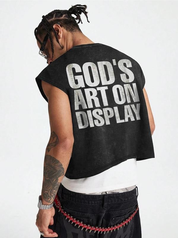 Men's Letter Print Chalkboard Wash Chaleco, Regular Fit Casual Sleeveless Round Neck Top for Summer, Fashion Men's Top for Daily Wear, Tshirt, Cotton