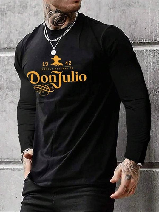 Men's Letter Print Round Neck Tee, Regular Fit Casual Long Sleeve Crew Neck T-Shirt for Spring, Comfort Colors - Menswear, Crewneck