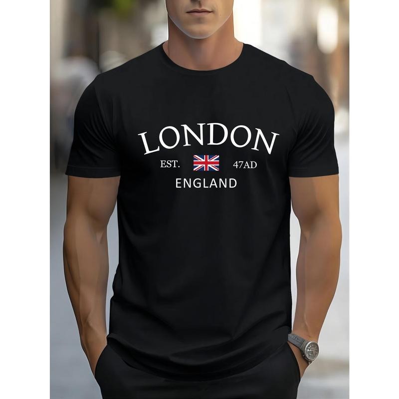 Men's London Print Casual & Sporty T-Shirt - Stretchy, Breathable Polyester Blend, Perfect For Summer Outings Made in USA