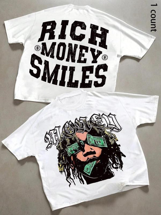 Men's Money Smiles Letter Print Round Neck Tee, Regular Fit Casual Short Sleeve T-shirt, Men's Summer Top for Daily Wear,...