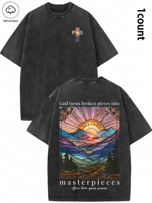 Men's Mountain & Sunset Print Round Neck Graphic Tee, Vintage Trendy Casual Short Sleeve Washed Distressed T-shirt for Daily Wear, Men's Summer Outfit, Top, Cotton