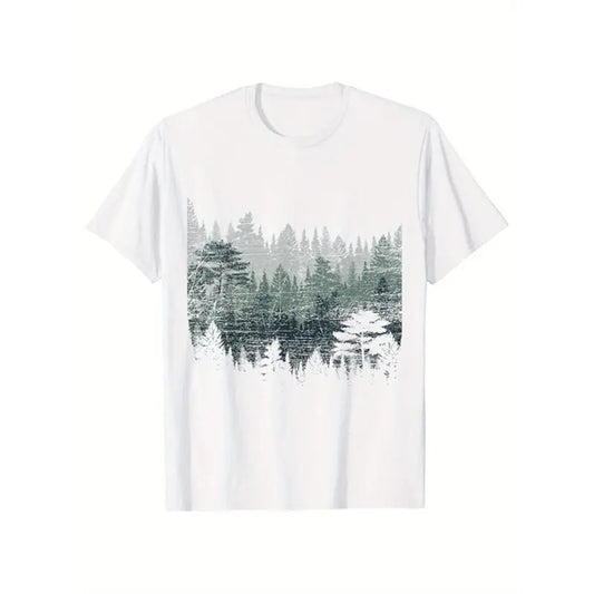 Men's Nature Wildlife Trees Print Cotton T-shirt, Casual Short Sleeve Crew Neck T-shirt, Men's Tee For Outdoor Made in USA