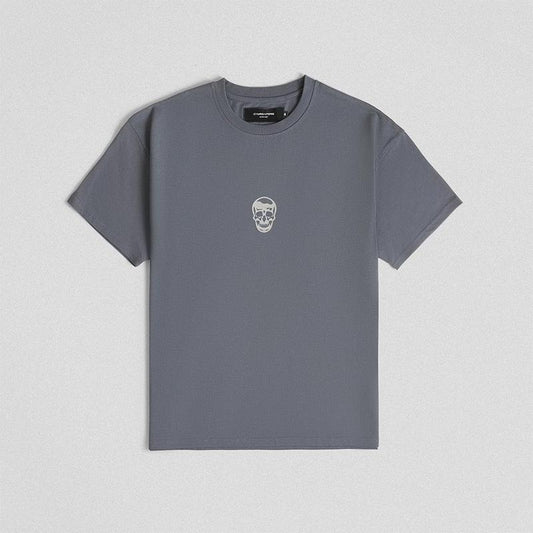 Men's Oversized Skull Tee in Faded Blue - Gymreapers Classic Short-Sleeve Top, 100% Cotton Ribbed Tshirt Casual Crewneck...
