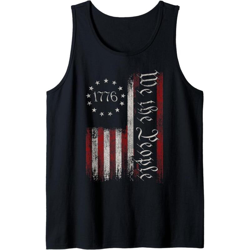 Men's Patriotic 1776 American Flag Tank Top - Sleeveless Cotton Knit Vest, "We The People" Print, Black, Casual Pullover for All Seasons, Casual Wear Tank | Sleeveless Pullover | Cotton Knit Fabric, Cotton Tank Top