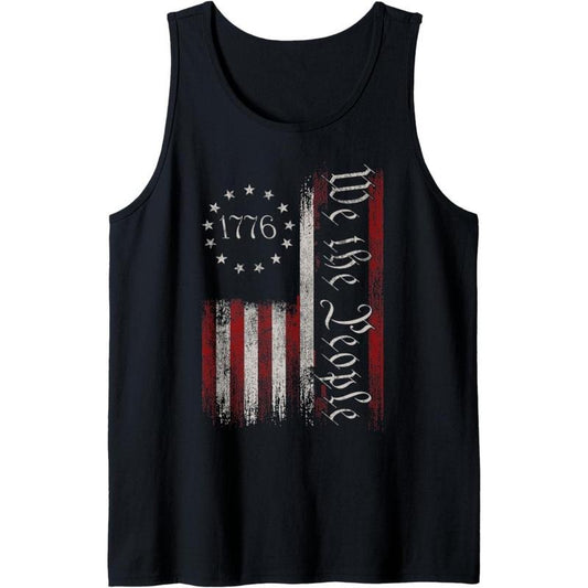 Men's Patriotic 1776 American Flag Tank Top - Sleeveless Cotton Knit Vest, "We The People" Print, Black, Casual Pullover...
