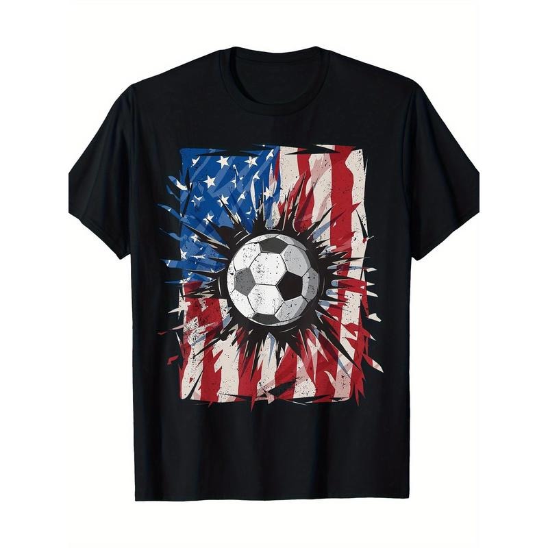 Men's Patriotic American Flag Football Graphic Tee - 100% Cotton, Short Sleeve Crew Neck T-Shirt | Breathable & Soft Casual Summer Top for Daily Wear & Vacation | Machine Washable Made in USA