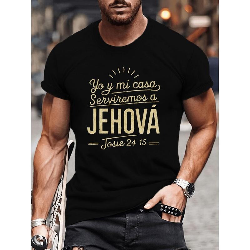 Men's Polyester Crew Neck T-Shirt with "Yo y mi casa Serviremos a JEHOVA - Josue 24:15" Print | Casual Short Sleeve Tee with Geometric Pattern | Regular Fit Knit Fabric Top for Summer Made in USA