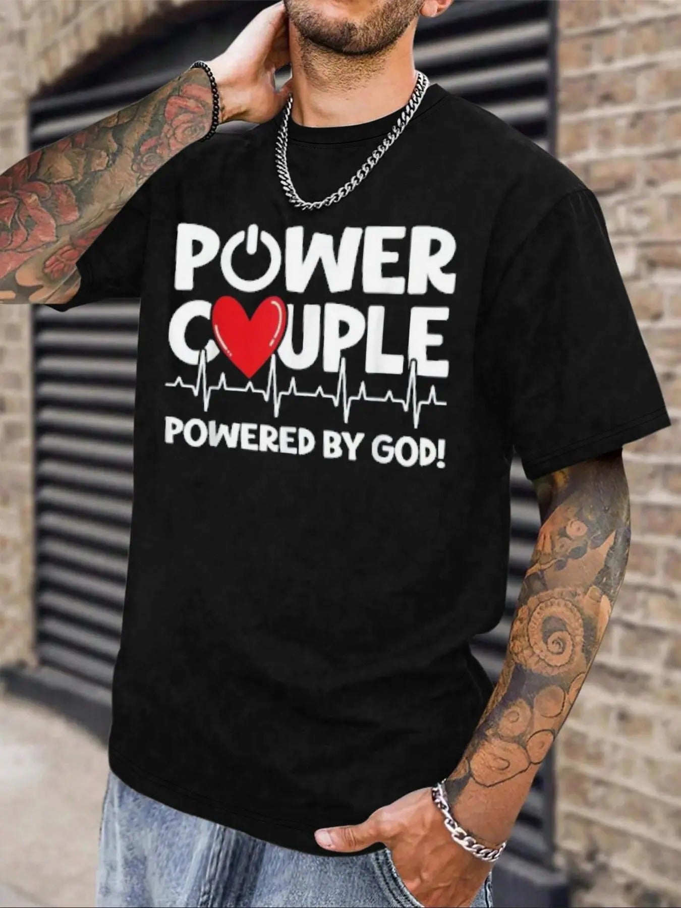 Men's Power Couple Letter Print Tee, Regular Fit Casual Fashion Short Sleeve T-shirt for Daily Wear, Men's Top for All Seasons