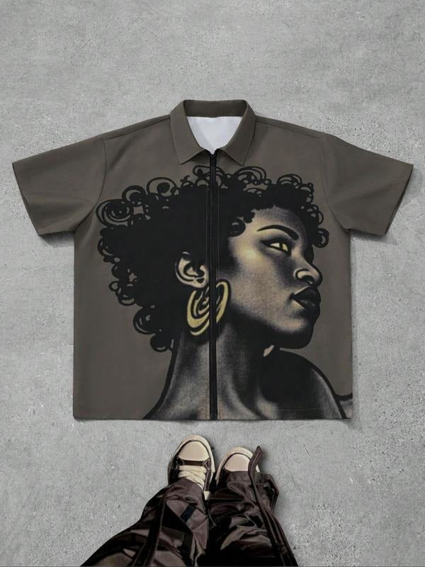 Men's Regular Fit Abstract Face Print Short Sleeve Shirt, Casual Breathable Comfortable Top for Daily Wear, Men's Clothes for Summer, Tropical