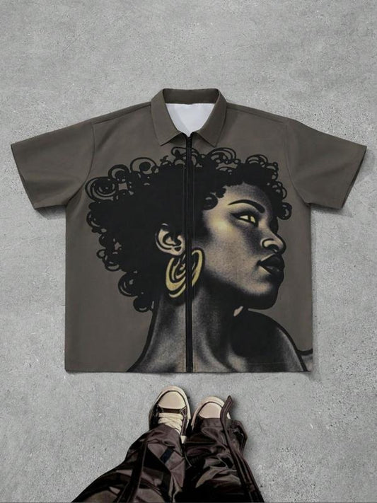 Men's Regular Fit Abstract Face Print Short Sleeve Shirt, Casual Breathable Comfortable Top for Daily Wear, Men's Clothes for Summer, Tropical