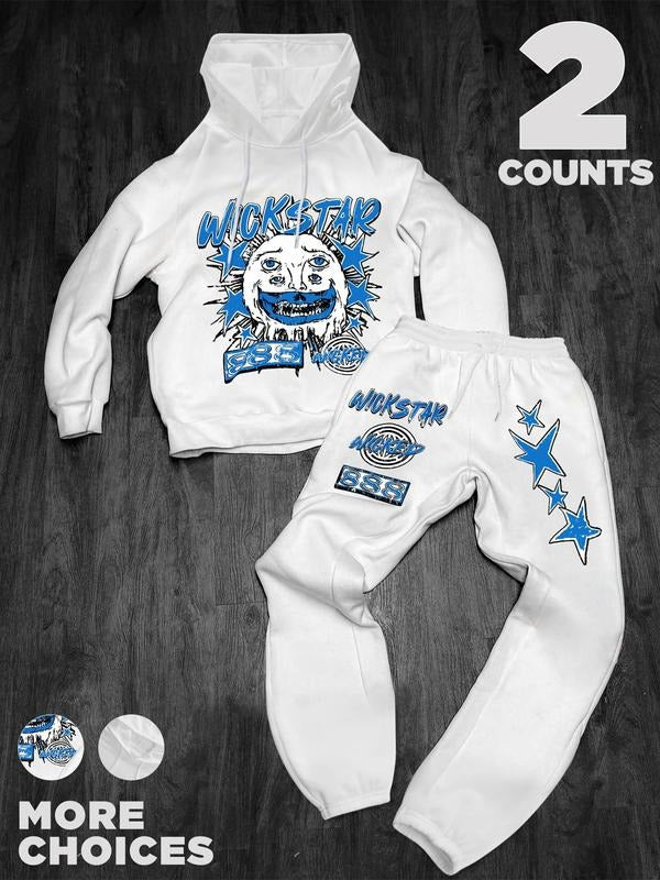 Men's Regular Fit Cartoon Face & Letter Print Sweatshirt & Pocket Drawstring Waist Sweatpants Two-piece Set, Casual Fashion Cozy Breathable Two Piece Outfits for Daily Outdoor Wear, Men Clothes for Fall & Winter