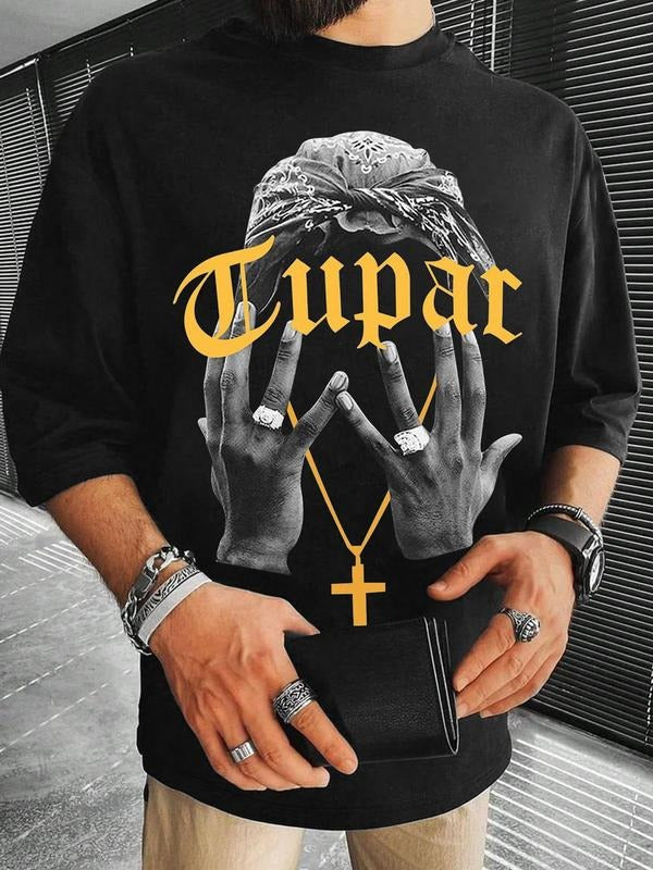 Men's Regular Fit Cross & Hand Print Round Neck Tee, Casual Short Sleeve Crew Neck T-shirt for Summer, Fashion Men's Top for Daily Wear, Tropical