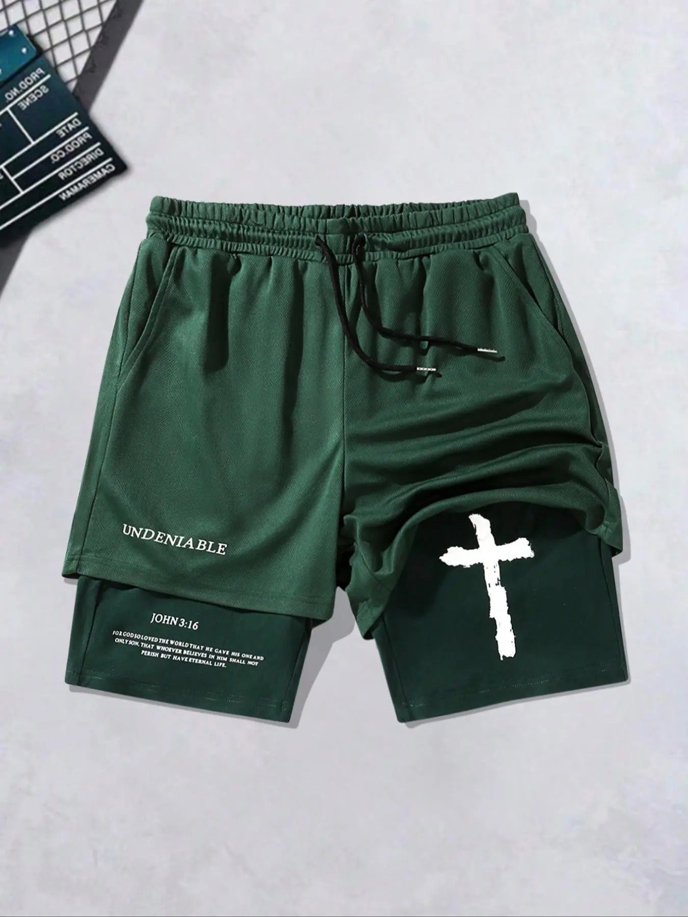 Men's Regular Fit Cross Print 2 in 1 Drawstring Waist Shorts, Casual Pocket Elastic Waist Track Shorts for Summer,...