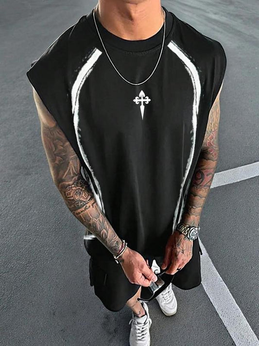 Men's Regular Fit Cross Print Sleeveless Tank Top, Casual Streetwear Muscle Tee for Daily Wear, Menswear for All Seasons...