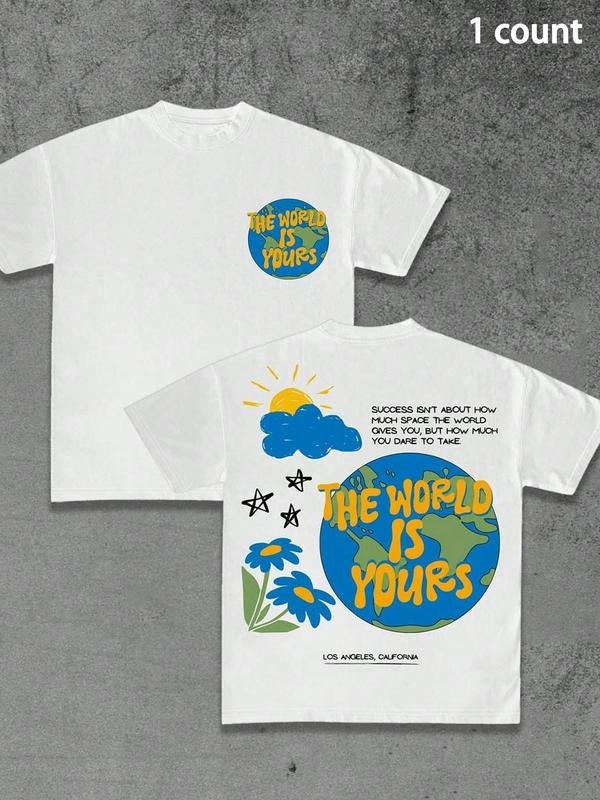 Men's Regular Fit Earth Print Round Neck Tee, Casual Short Sleeve Crew Neck T-shirt for Daily Wear, Men's Top for Summer, Tropical