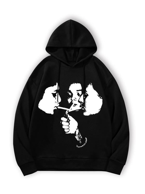 Men's Regular Fit Face Print Drop Shoulder Thermal Lined Hoodie, Fashion Casual Drawstring Pocket Hooded Sweatshirt for Daily Holiday Outdoor Wear, Men Clothes for Fall & Winter