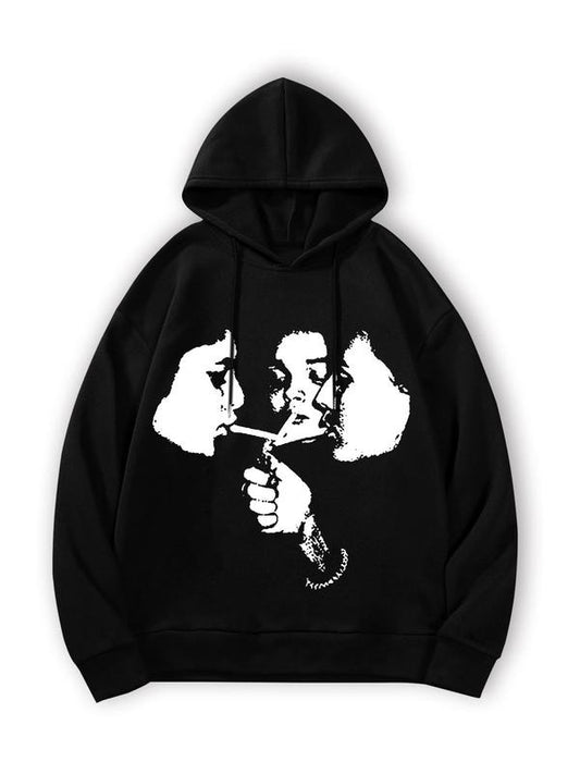 Men's Regular Fit Face Print Drop Shoulder Thermal Lined Hoodie, Fashion Casual Drawstring Pocket Hooded Sweatshirt for Daily Holiday Outdoor Wear, Men Clothes for Fall & Winter