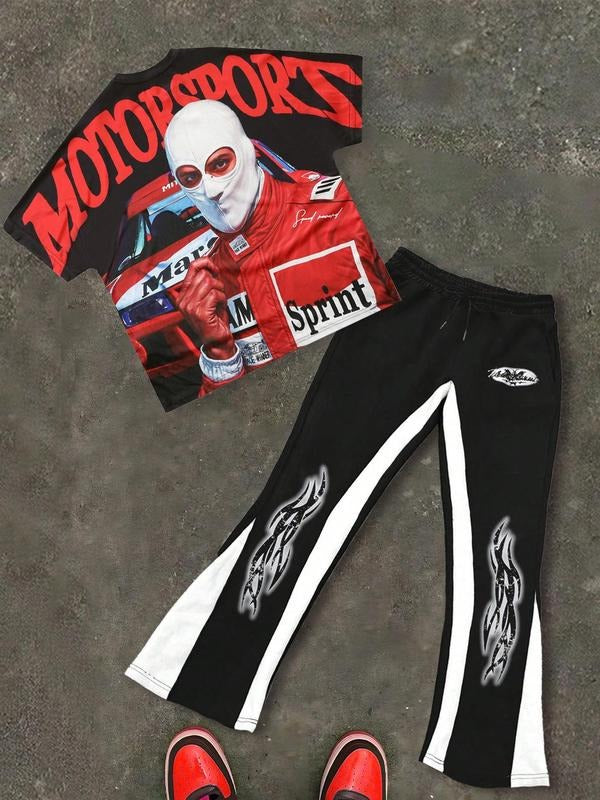 Men's Regular Fit Graphic Tee & Pants Two-Piece Set, Street Fashion Casual Round Neck Short Sleeve T-shirt & Trousers for Daily Wear, Men's for All Seasons