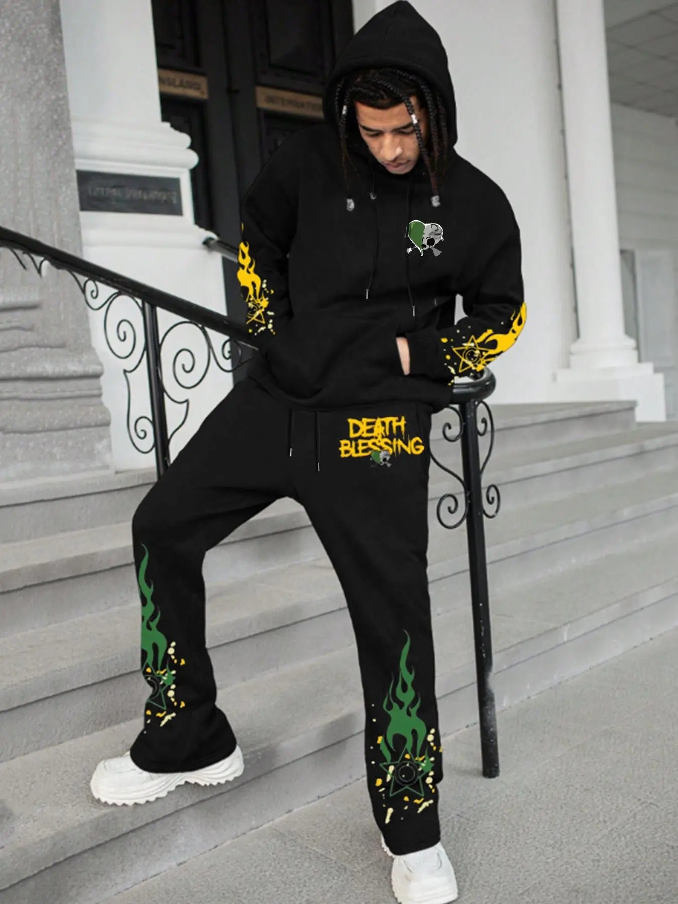 Men's Regular Fit Letter & Fire Print Pocket Hoodie & Drawstring Waist Pants Set, Casual Street Long Sleeve Pocket Hooded Sweatshirt & Pocket Trousers, Men's Fall & Winter Clothes