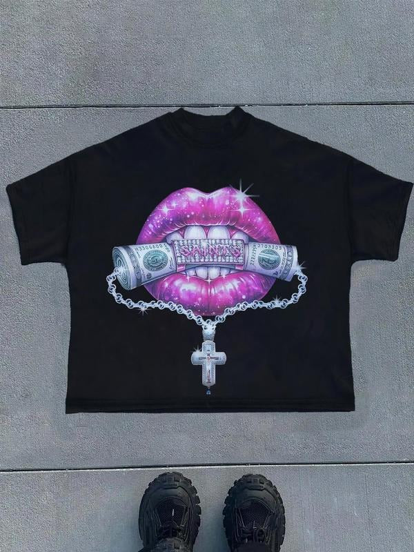 Men's Regular Fit Money & Lip Print Short Sleeve Graphic Tee, Casual Comfy Round Neck T-shirt for Summer, Fashion Men's Top for Daily Wear, Tropical, Cotton