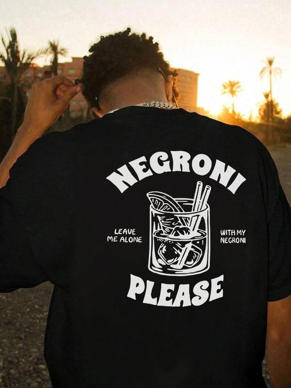Men's Regular Fit Negroni Leave Me Alone with My Negroni Please Letter Print Short Sleeve Graphic Tee, Casual Comfy Round Neck T-shirt for Summer, Fashion Men's Top for Daily Wear, Tropical